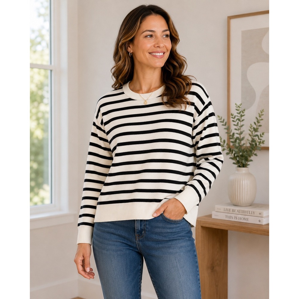 J. Crew Factory Women's Black and Cream Striped Crewneck Sweater